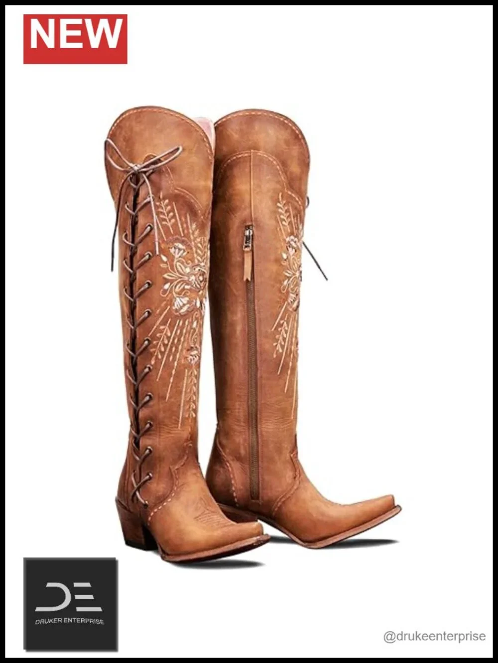 Women's Pointed Toe Over-the-Knee Lace Up Western Cowgirl Boots Faux Leather